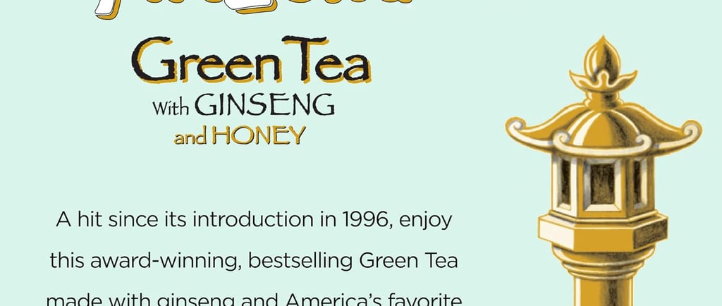 Arizona Green Tea with Ginseng and Honey featuring cherry blossoms and a golden Japanese lantern.