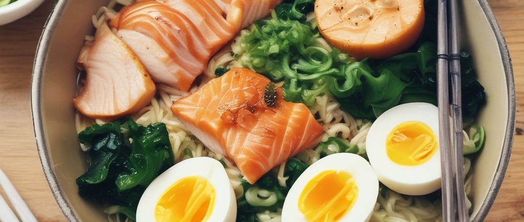 a bowl of noodles with salmon and eggs