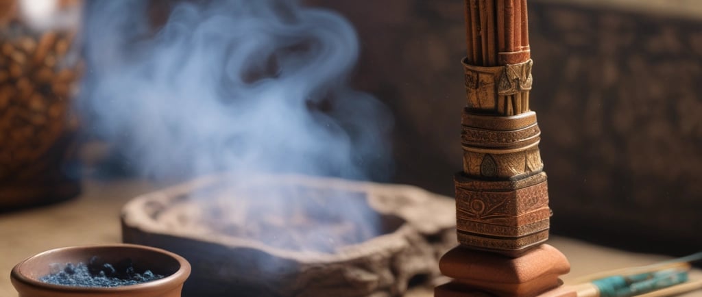 smoke and incense rising gently out of a clay dish with storax and incense sticks nearby