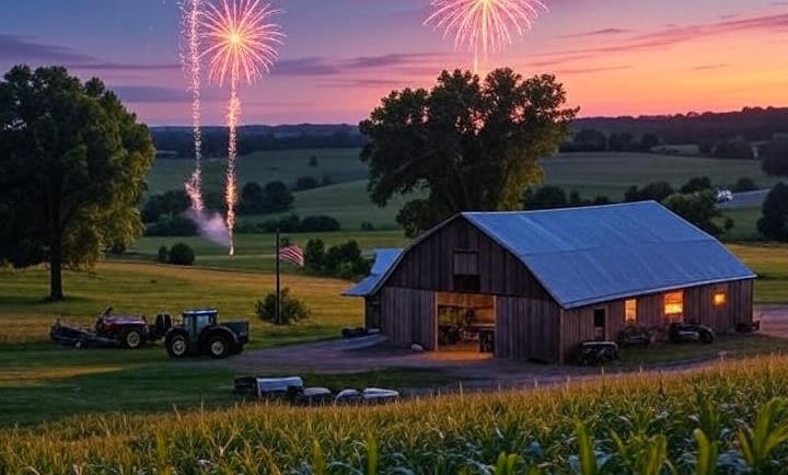 a barnyard with fireworks in the background