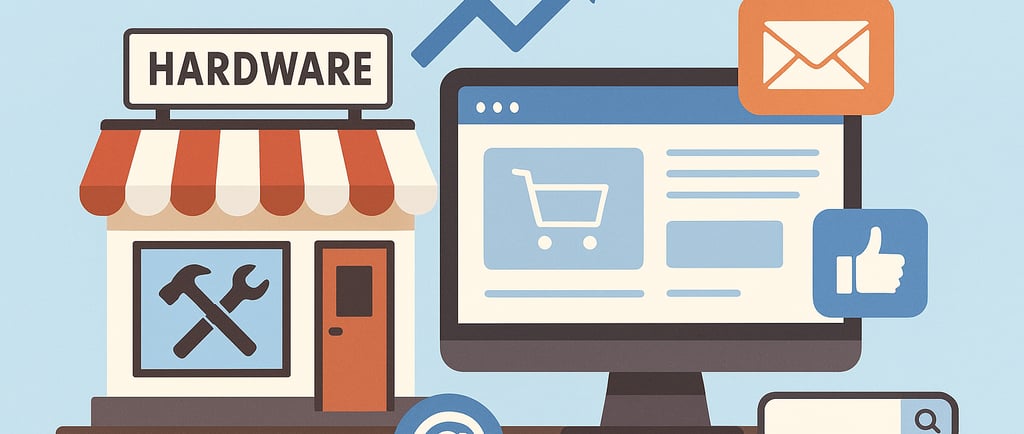 Illustration of a small hardware store transitioning to digital. A storefront with a striped awning 