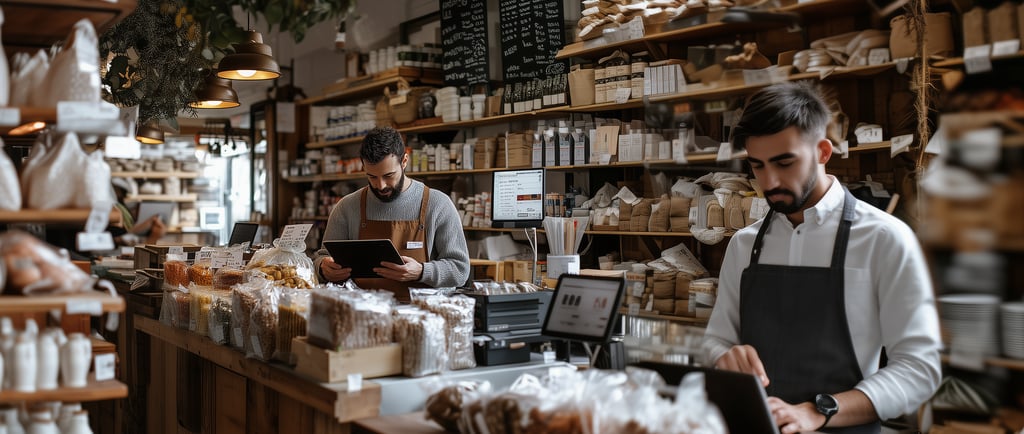 Two men in a small store doing inventory on portable devices