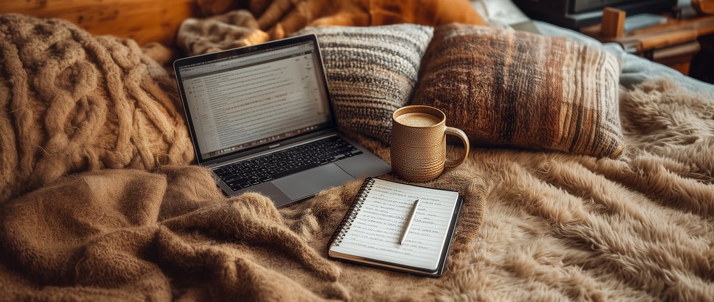 a laptop computer sitting on a bed with a book and a cup of coffee