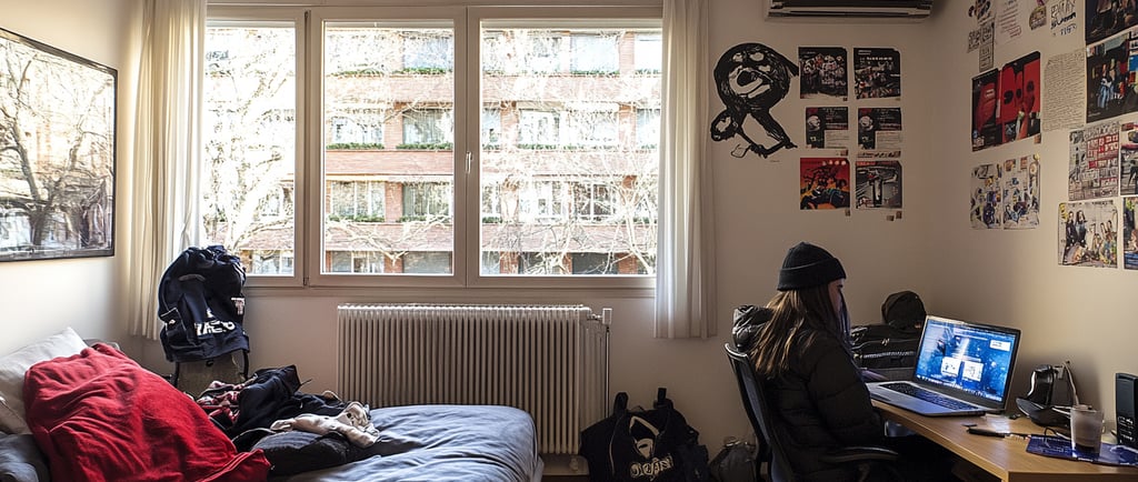 Estudiante en Madrid revisando precios de trasteros en su portátil mientras organiza cajas en su hab