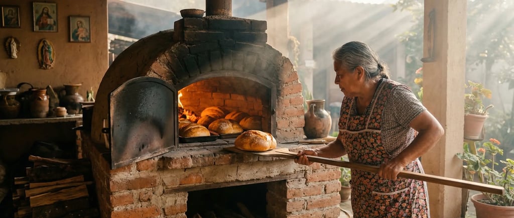 imagen de una señora preparando pan en horno de leña. imagen generada por IA