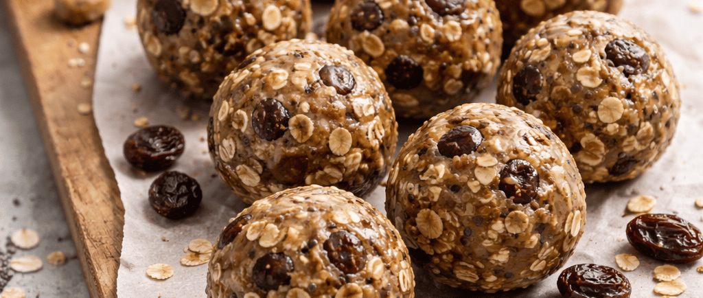 Homemade energy balls made with oats, raisins and nut butter ready to eat
