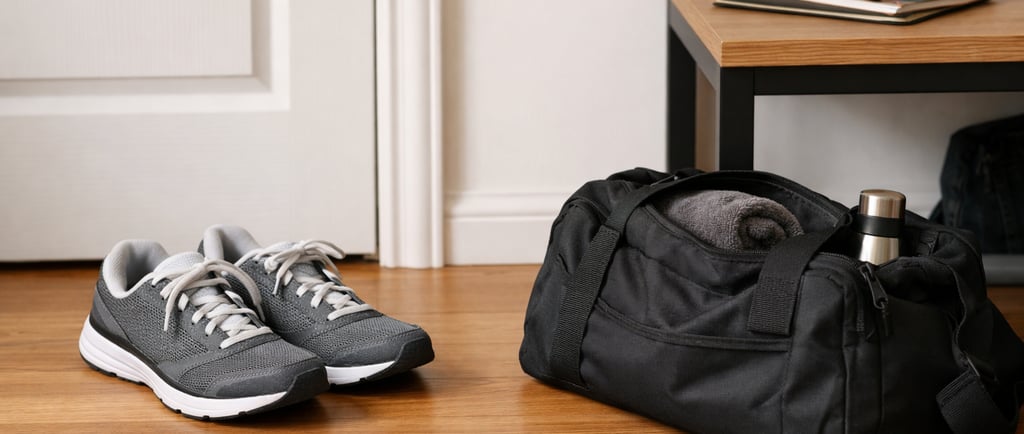 Training shoes and gym bag prepared at home to support a consistent fitness routine