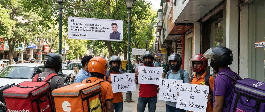 Gig workers today staged a symbolic protest at Old Rajinder Nagar area of India capital New Delhi. 