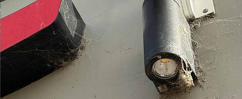 Accumulated spider webs on a security camera and downlighting on a commercial premises