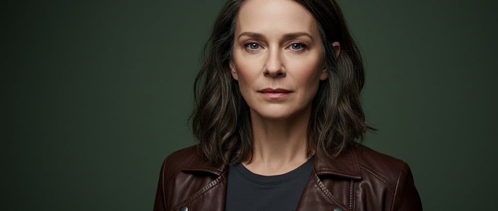 a woman in a leather jacket and black shirt