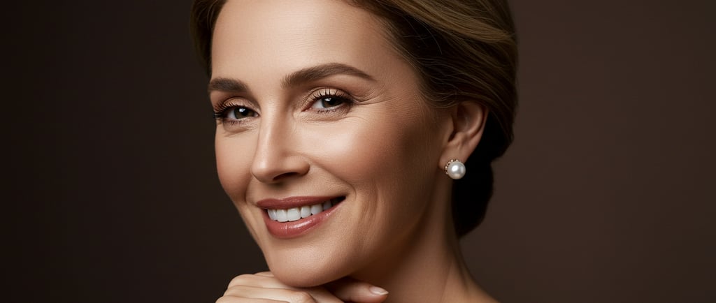 a woman with a pearled necklace and earrings
