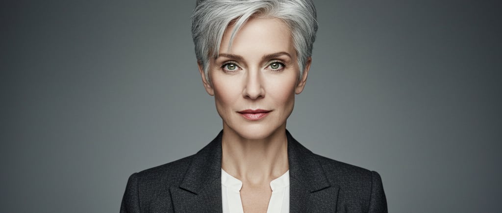 a woman with a short grey hair and a white shirt