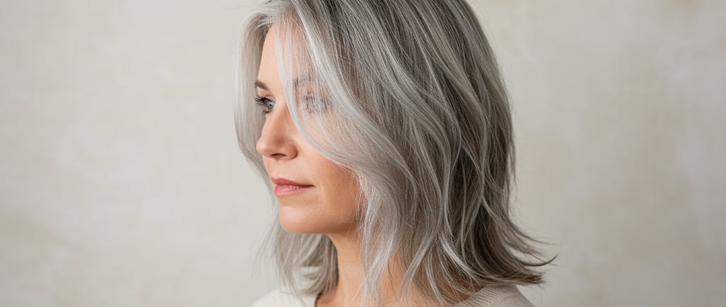 a woman with grey hair and a white shirt