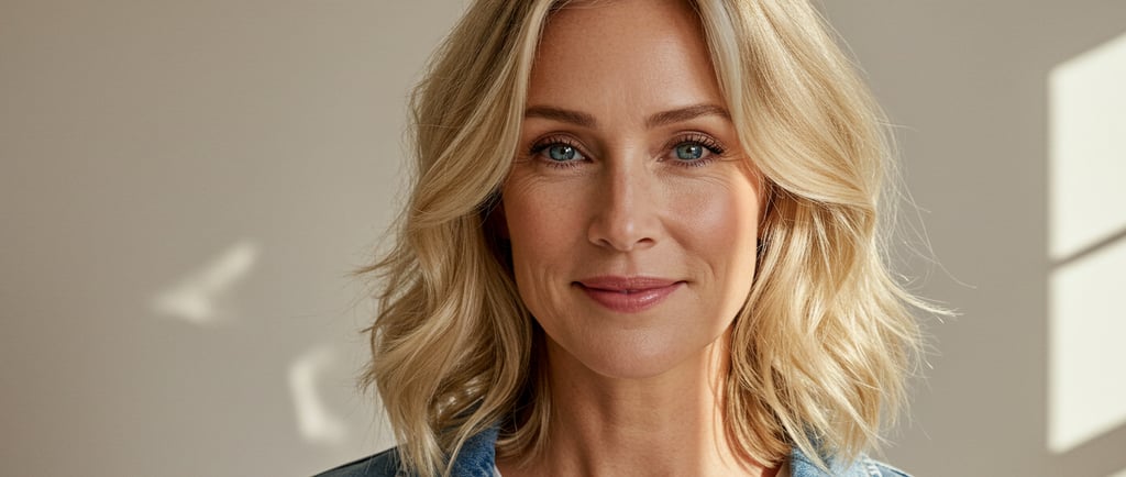 a woman with blonde hair and blue eyes