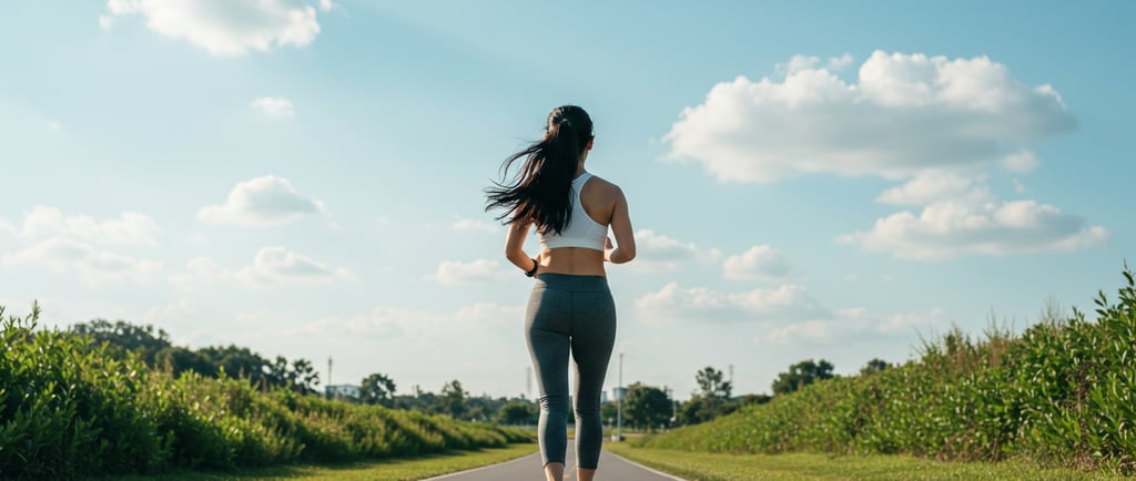 a woman in a white tank top and leggings is running on a paved