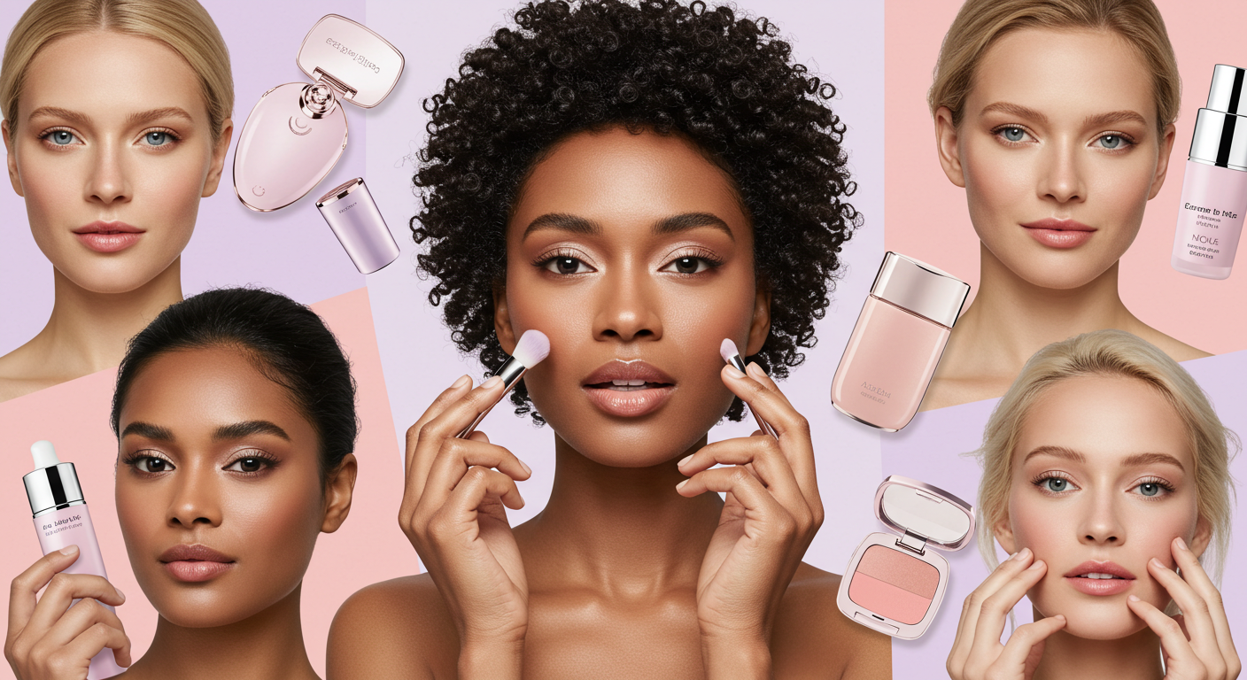 a woman with a lot of makeup and makeup products