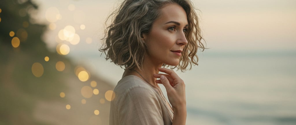a woman with a short haircut and a tan top