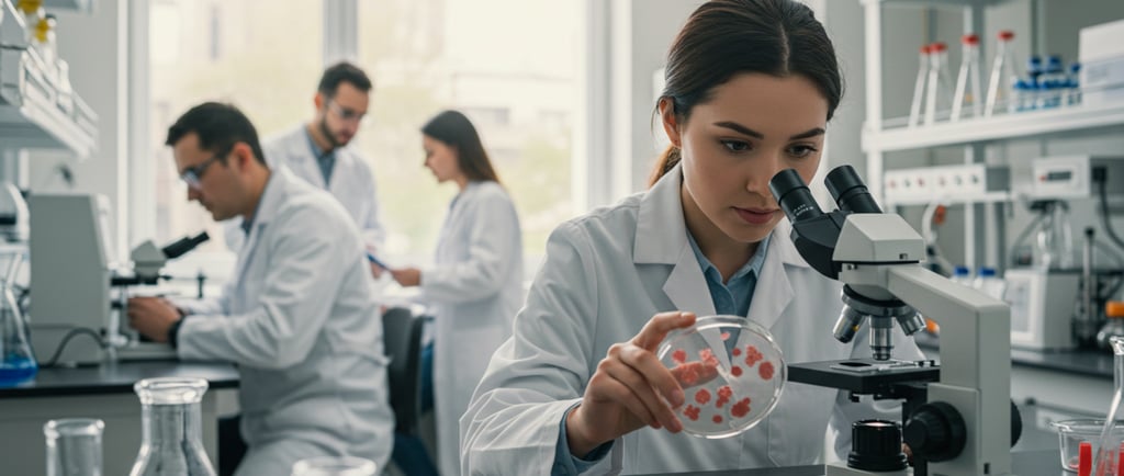 a woman in a lab coat is holding a piece of paper and a microscope