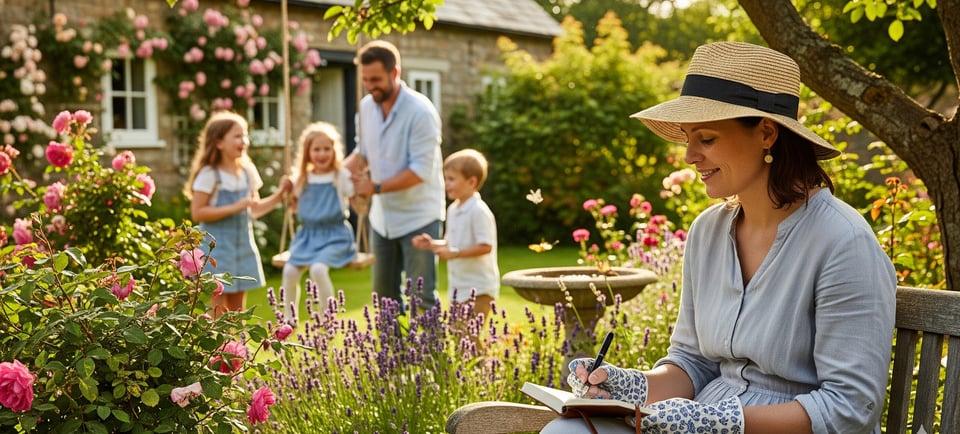 woman writing in garden with family playing on swing