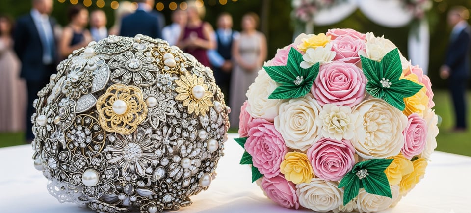 beautiful brooch and artificial flowers bouquet on wedding table