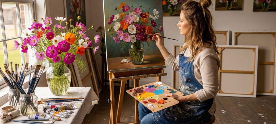 woman in art studio drawing flowers