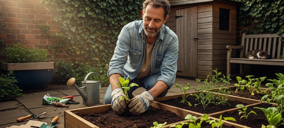 man planting in wooden container boxes