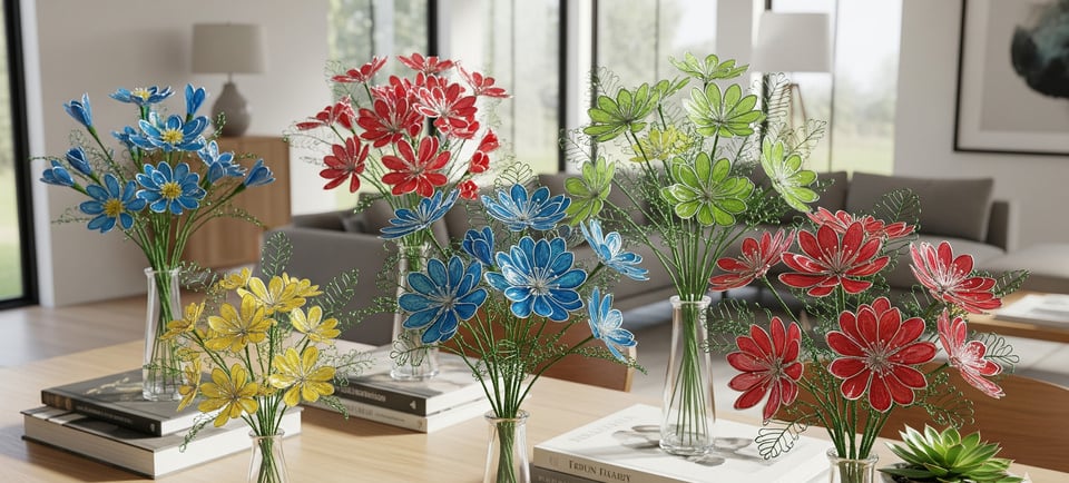 wire and nail polish flower bouquets on table