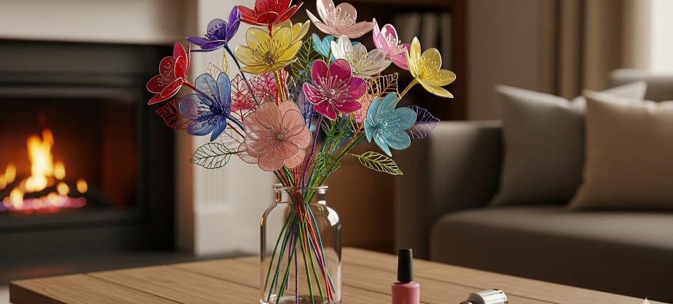 wire and nail polish bouquet in glass jar