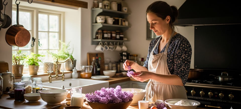 woman making lilca flower fragrances in cottage kitchen
