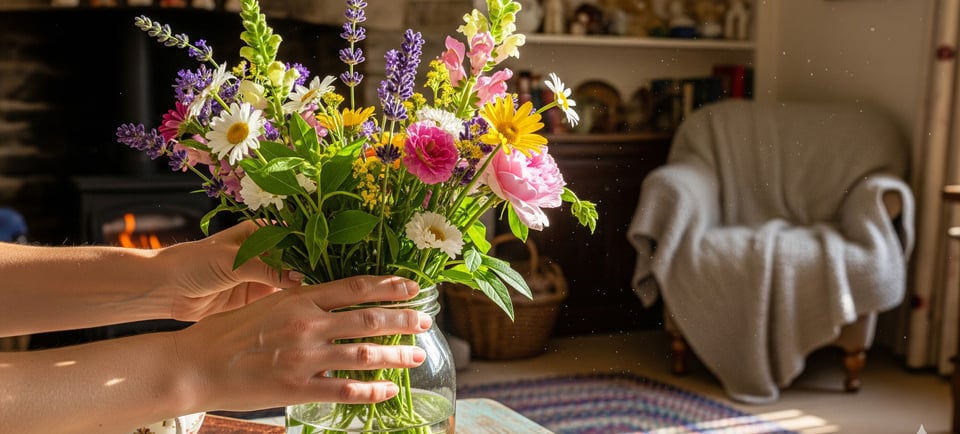 fresh flowers in glass jar with water 