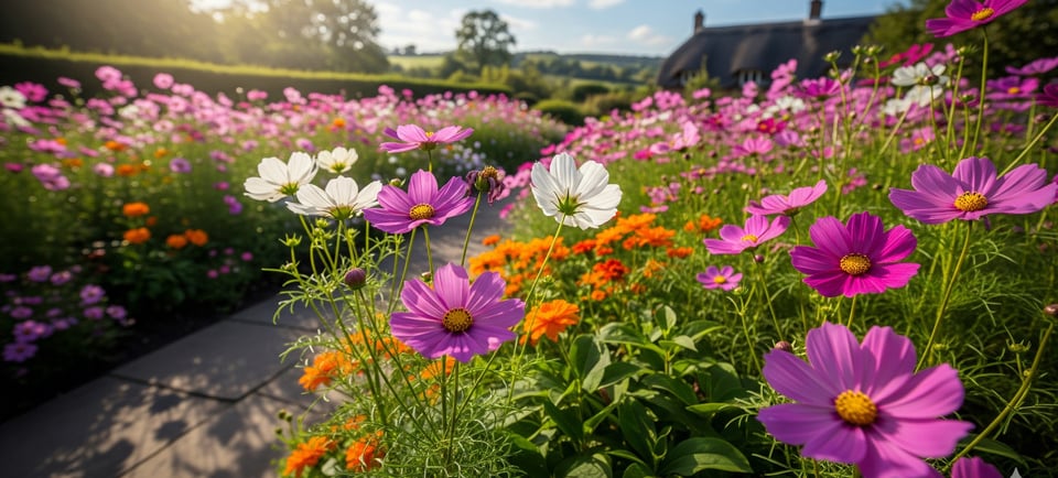 cosmos pink flowers alongside garden path