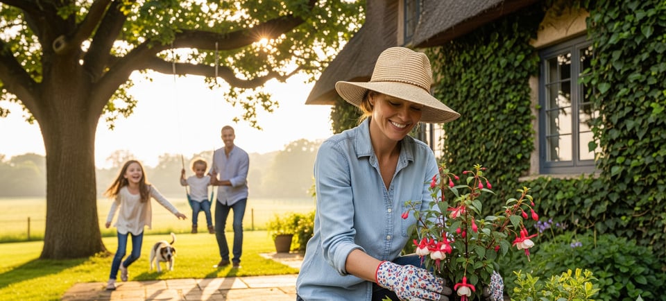 woman planting in container with family in background