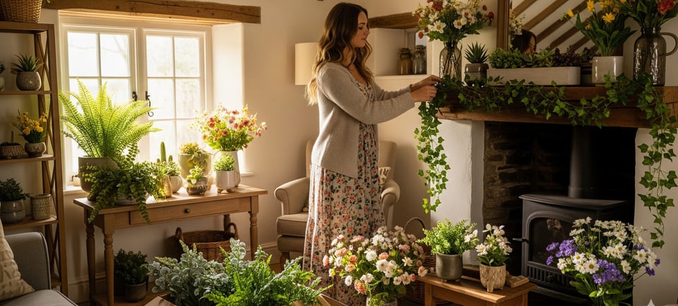woman at home decorating with faux florals