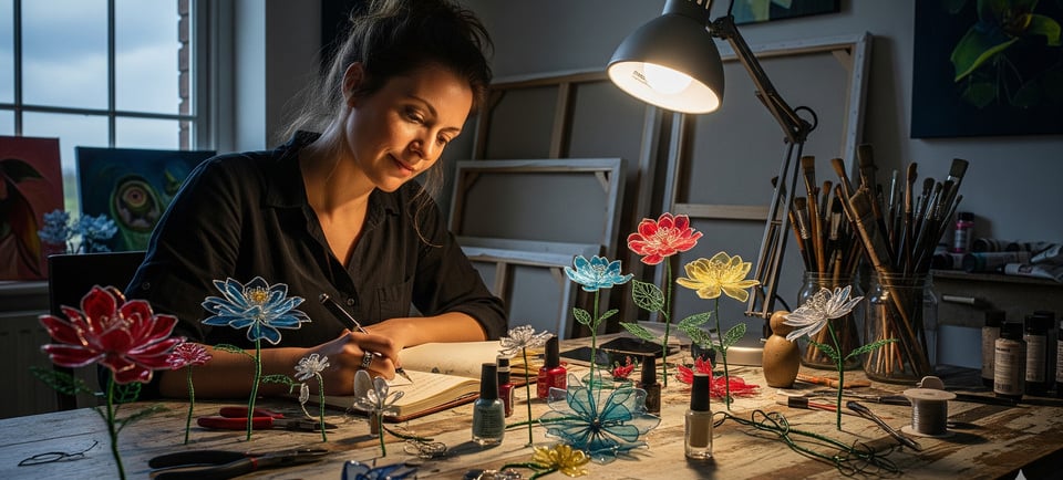 woman writing in book on table with wire flowers
