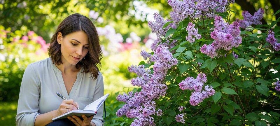 woman writing in notepad next to lilac flowers