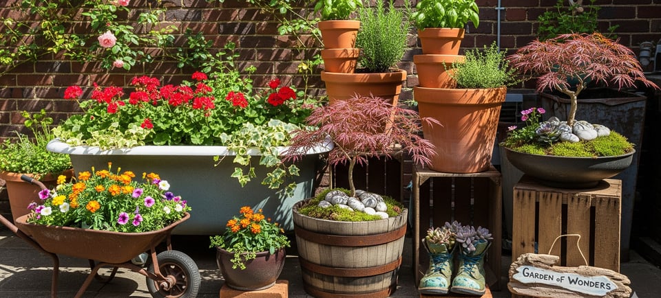 display of garden containers in back yard