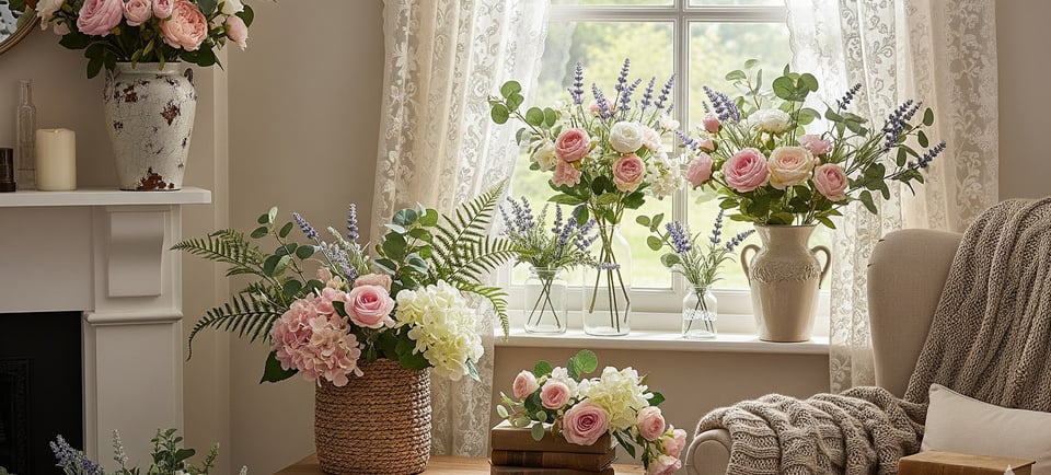 faux florals and greenery on and near window sill
