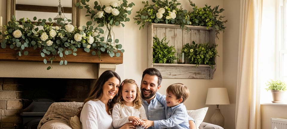happy family in home decorated with faux florals