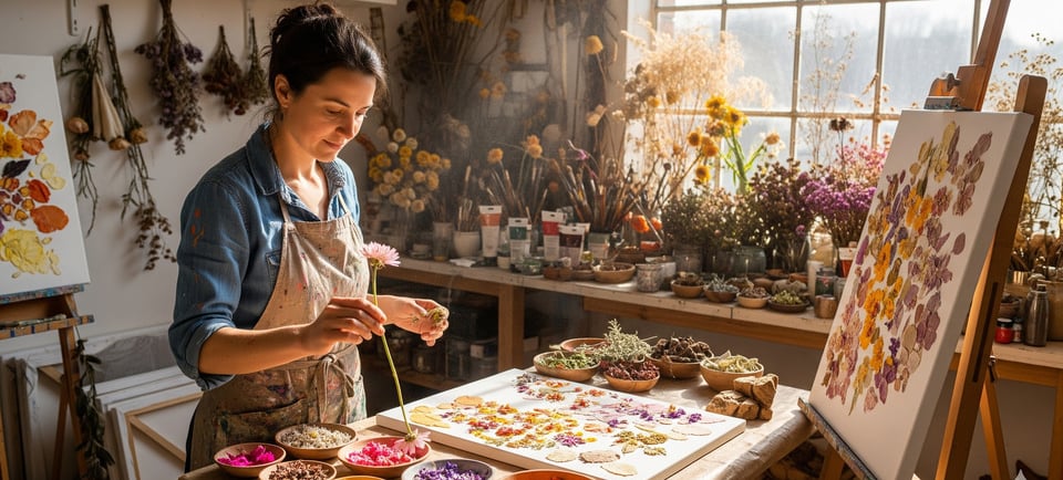 woman in art studio painting with flowers