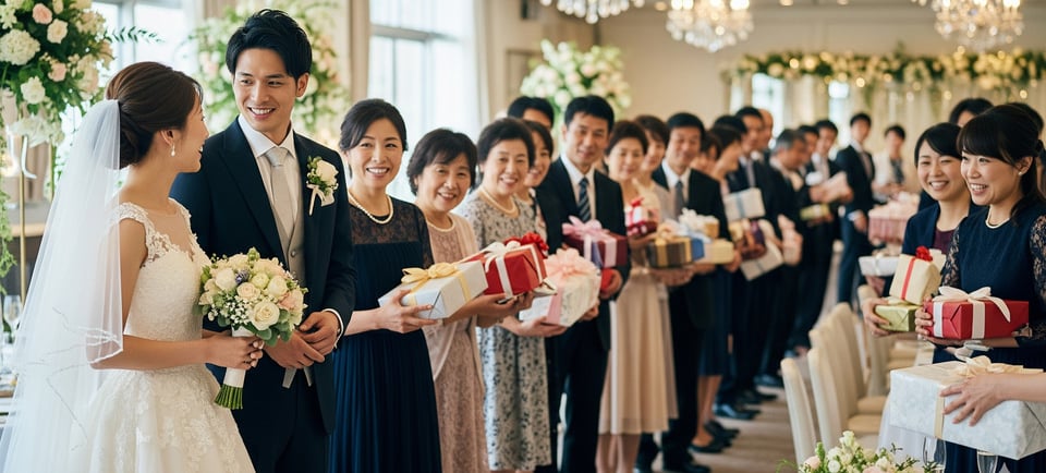 wedding celebrations with give gifters lining up 