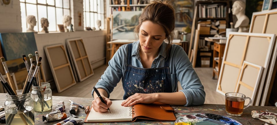 woman in art studio taking notes