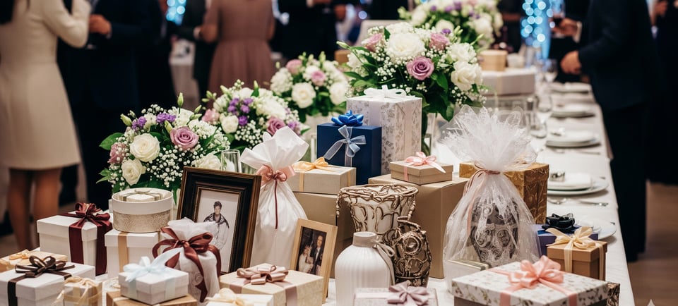 gifts and flowers on wedding banquet table