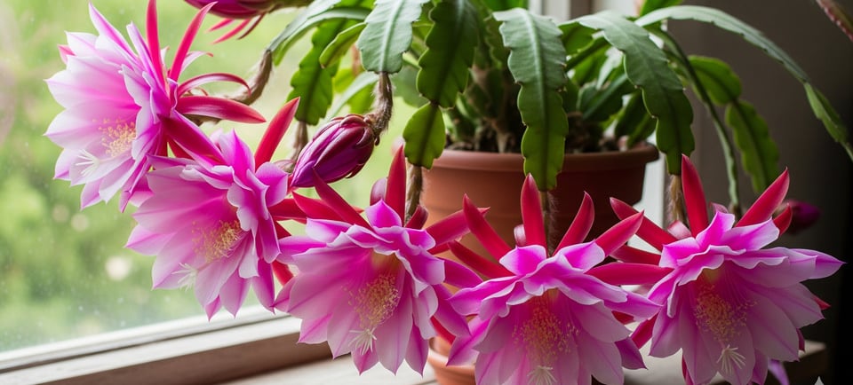 pink flowered orchid cactus on window sill