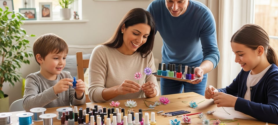 happy family making wire flowers with nail polish