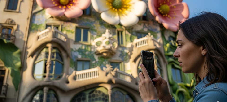 woman taking photo of flower inspired building