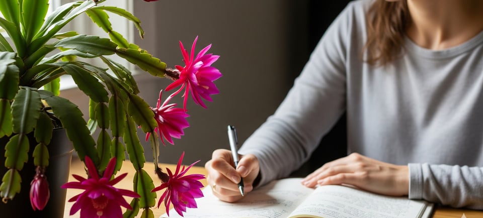 woman writing with orchid cactus on table