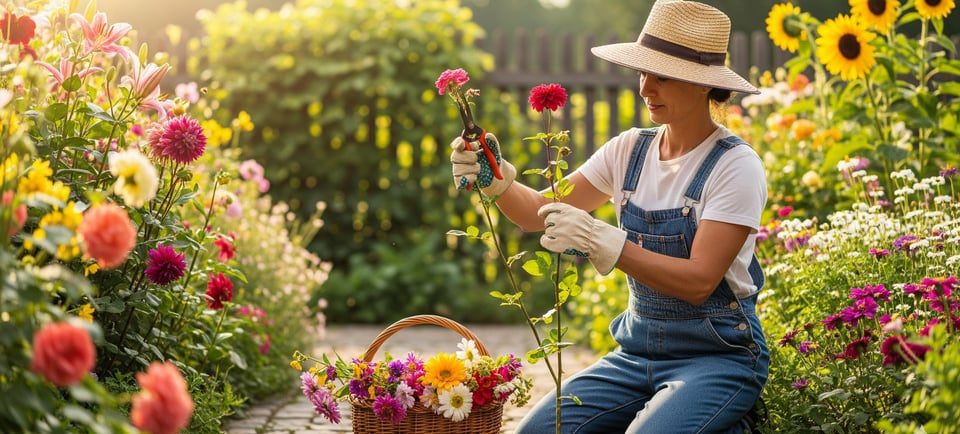 female gardener taking fresh flower cuttings