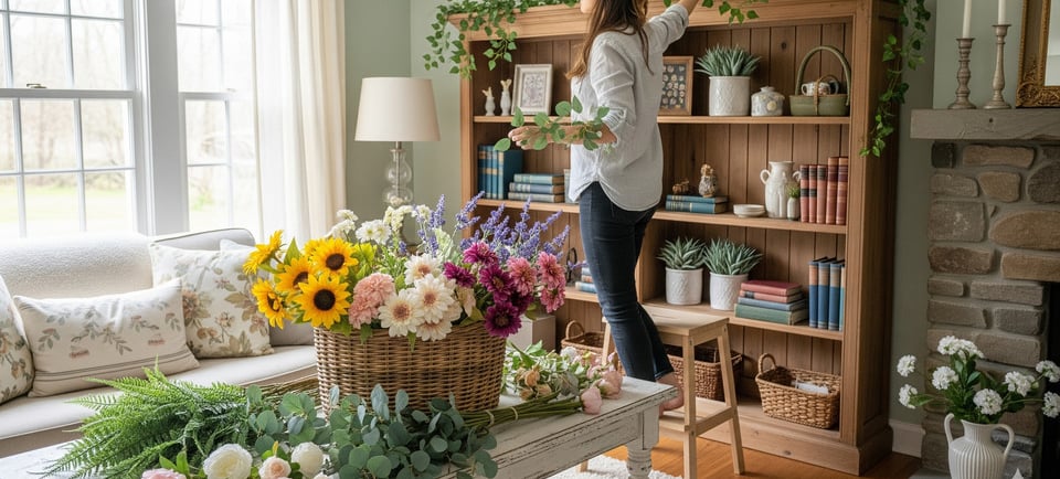 woman decorating living space with artifcial plants and flowers