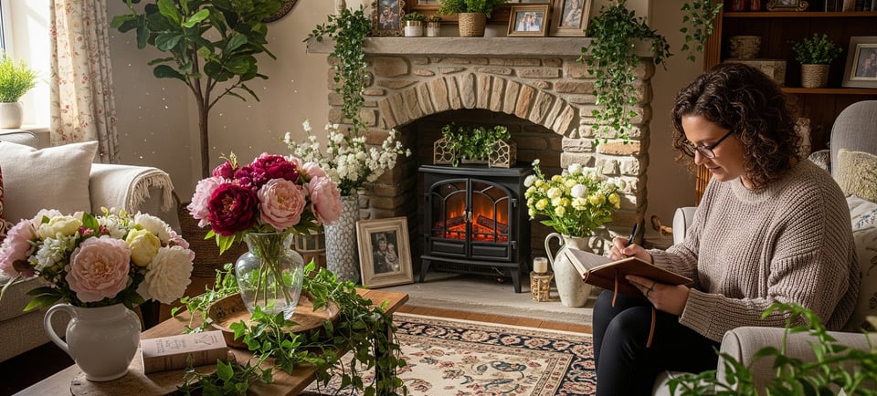 woman taking notes in living room with fireplace and faux flowers