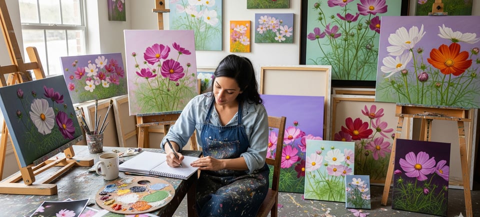 woman taking notes in studio of cosmos flower paintings